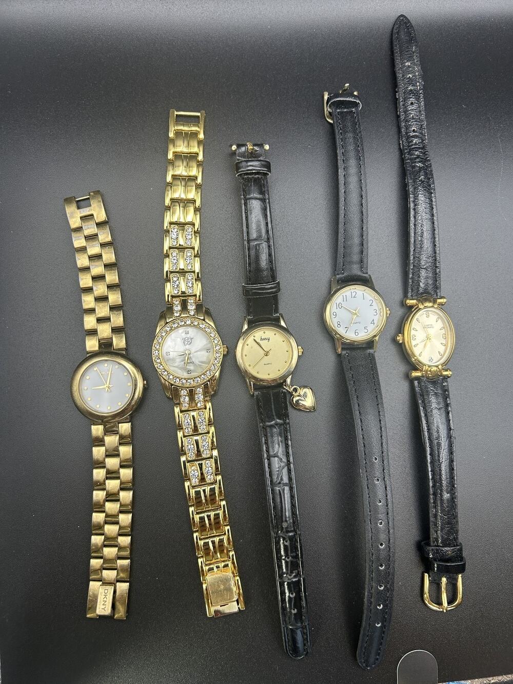 Lot 5 Womens Gold Tone Dress Watches DKNY Crystal Bracelet Black Leather Running